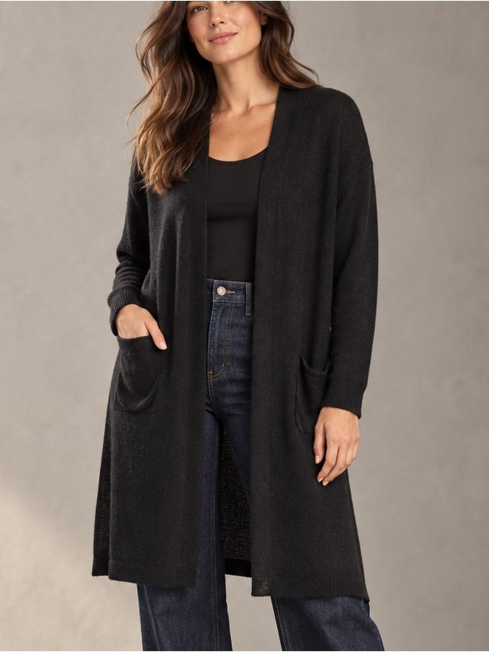 100% Cashmere Made in Italy Black Longline Cardigan Duster